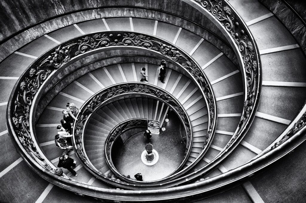 stairway, spiral, monochrome-1136071.jpg